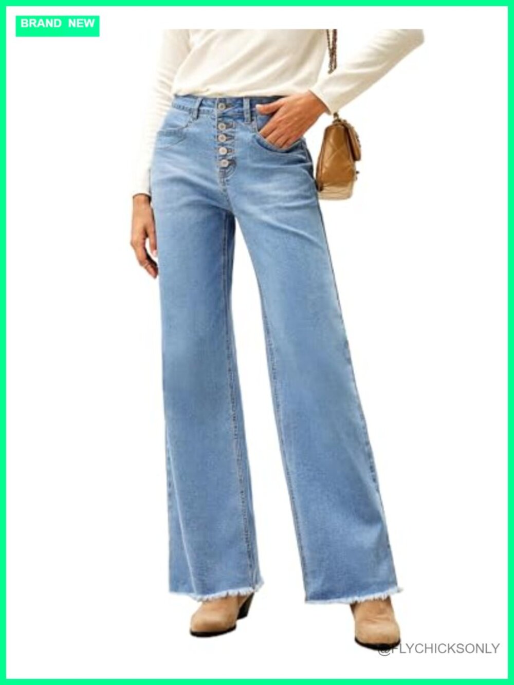 Wide Leg Baggy High Rise Stretchy Denim Jeans Button Fly Raw Hem